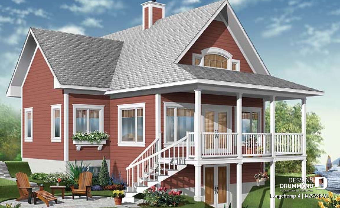 Vue arrière - MODÈLE DE BASE - Plan de chalet à la montagne ou ski, 1 à 4 chambres, séjour au sous-sol, cathédral, belle fenestration - Longchamp 4