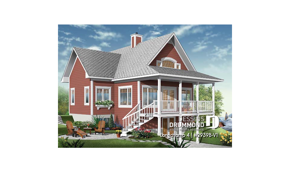 Vue arrière - MODÈLE DE BASE - Plan de chalet à la montagne ou ski, 1 à 4 chambres, séjour au sous-sol, cathédral, belle fenestration - Longchamp 4