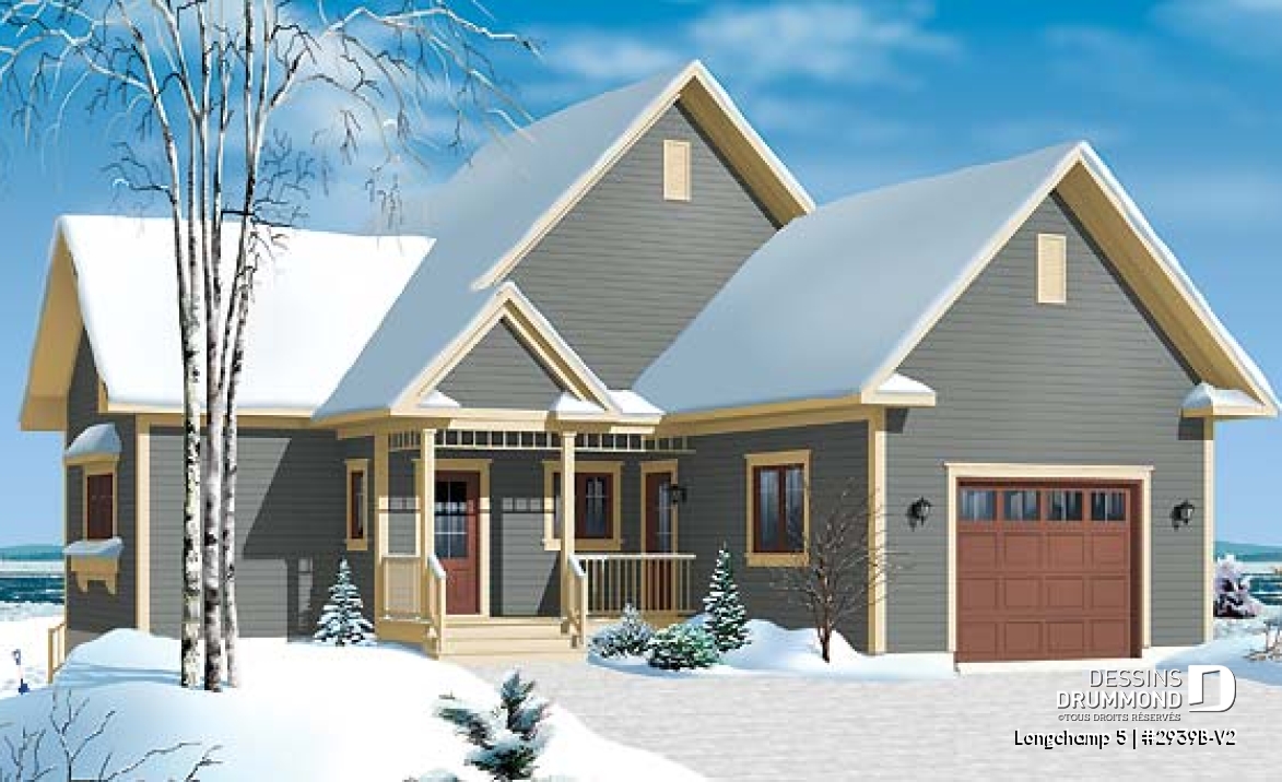 Vue avant - MODÈLE DE BASE - Plan de chalet 1 à 3 chambres + salle de jeux, garage, grande cuisine, îlot, foyer, grande terrasse abritée  - Longchamp 5