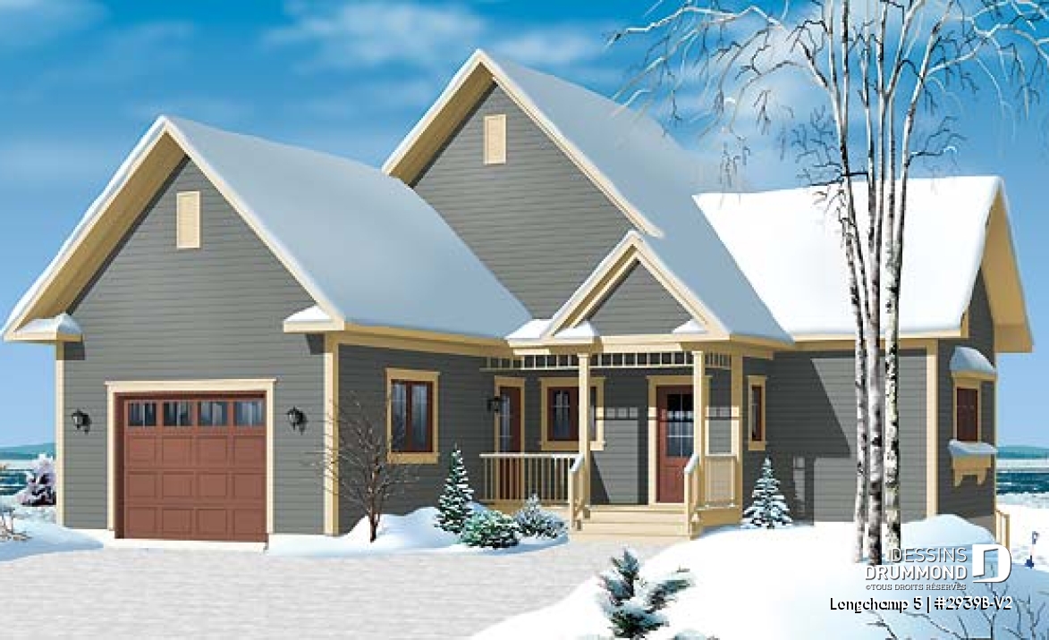 Vue avant - MODÈLE DE BASE - Plan de chalet 1 à 3 chambres + salle de jeux, garage, grande cuisine, îlot, foyer, grande terrasse abritée  - Longchamp 5