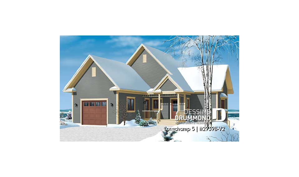 Vue avant - MODÈLE DE BASE - Plan de chalet 1 à 3 chambres + salle de jeux, garage, grande cuisine, îlot, foyer, grande terrasse abritée  - Longchamp 5