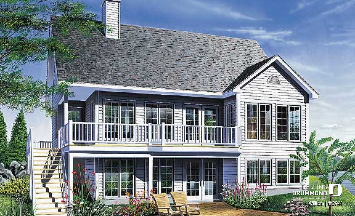 Vue arrière - MODÈLE DE BASE - Plan de maison genre chalet avec plafond cathédrale, suite des maîtres, grande terrasse, sous-sol à aménager - William