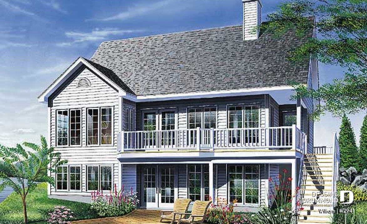 Vue arrière - MODÈLE DE BASE - Plan de maison genre chalet avec plafond cathédrale, suite des maîtres, grande terrasse, sous-sol à aménager - William