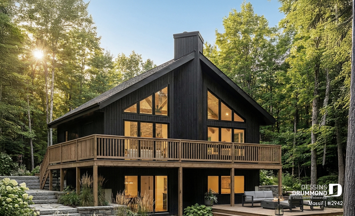 Vue avant - MODÈLE DE BASE - Plan de chalet avec rez-de-jardin, 1 à 3 chambres, foyer, plafond cathédrale, pour terrain avec vue - Massif