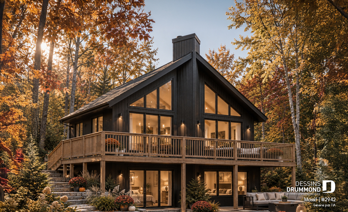 Vue avant - MODÈLE DE BASE - Plan de chalet avec rez-de-jardin, 1 à 3 chambres, foyer, plafond cathédrale, pour terrain avec vue - Massif
