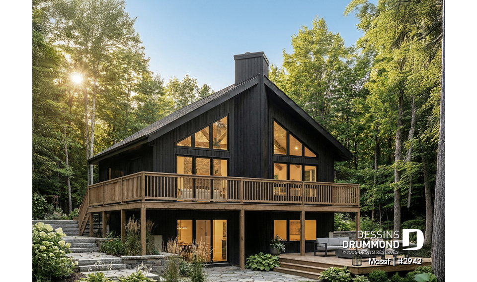 Vue avant - MODÈLE DE BASE - Plan de chalet avec rez-de-jardin, 1 à 3 chambres, foyer, plafond cathédrale, pour terrain avec vue - Massif