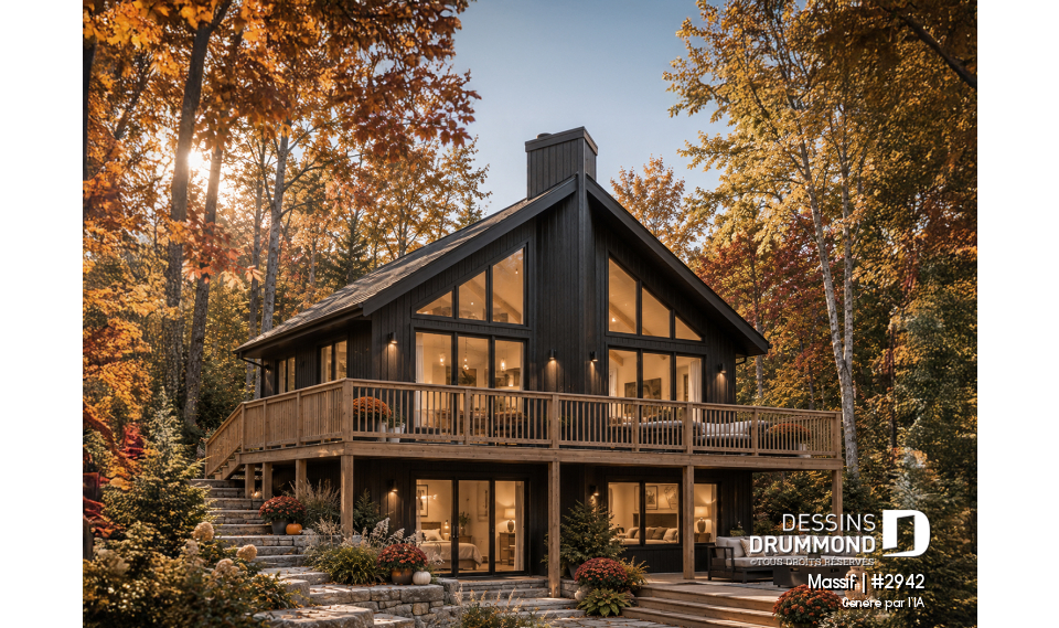 Vue avant - MODÈLE DE BASE - Plan de chalet avec rez-de-jardin, 1 à 3 chambres, foyer, plafond cathédrale, pour terrain avec vue - Massif