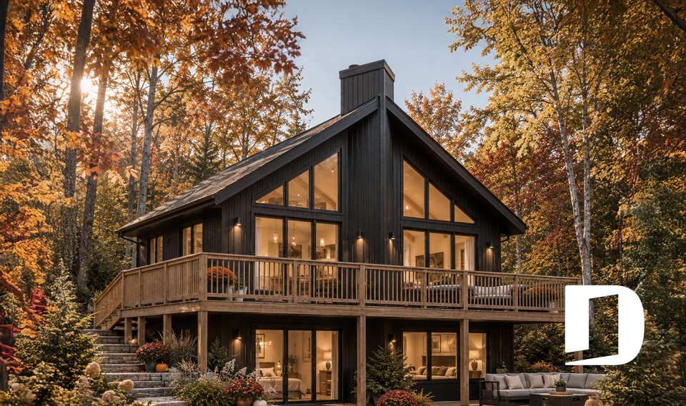Vue avant - MODÈLE DE BASE - Plan de chalet avec rez-de-jardin, 1 à 3 chambres, foyer, plafond cathédrale, pour terrain avec vue - Massif