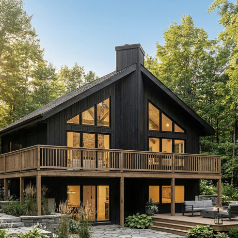 Vue avant - MODÈLE DE BASE - Plan de chalet avec rez-de-jardin, 1 à 3 chambres, foyer, plafond cathédrale, pour terrain avec vue - Massif