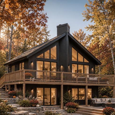 Vue avant - MODÈLE DE BASE - Plan de chalet avec rez-de-jardin, 1 à 3 chambres, foyer, plafond cathédrale, pour terrain avec vue - Massif