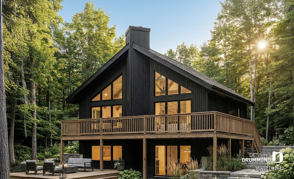 Vue avant - MODÈLE DE BASE - Plan de chalet avec rez-de-jardin, 1 à 3 chambres, foyer, plafond cathédrale, pour terrain avec vue - Massif