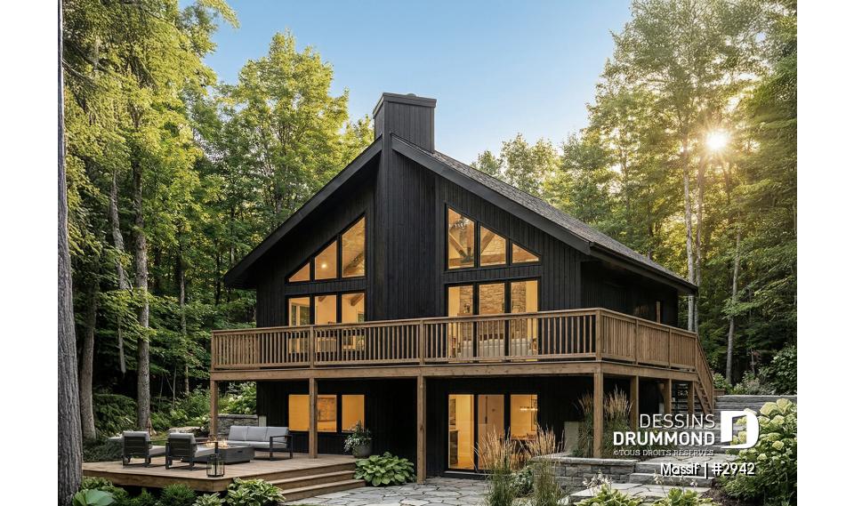 Vue avant - MODÈLE DE BASE - Plan de chalet avec rez-de-jardin, 1 à 3 chambres, foyer, plafond cathédrale, pour terrain avec vue - Massif