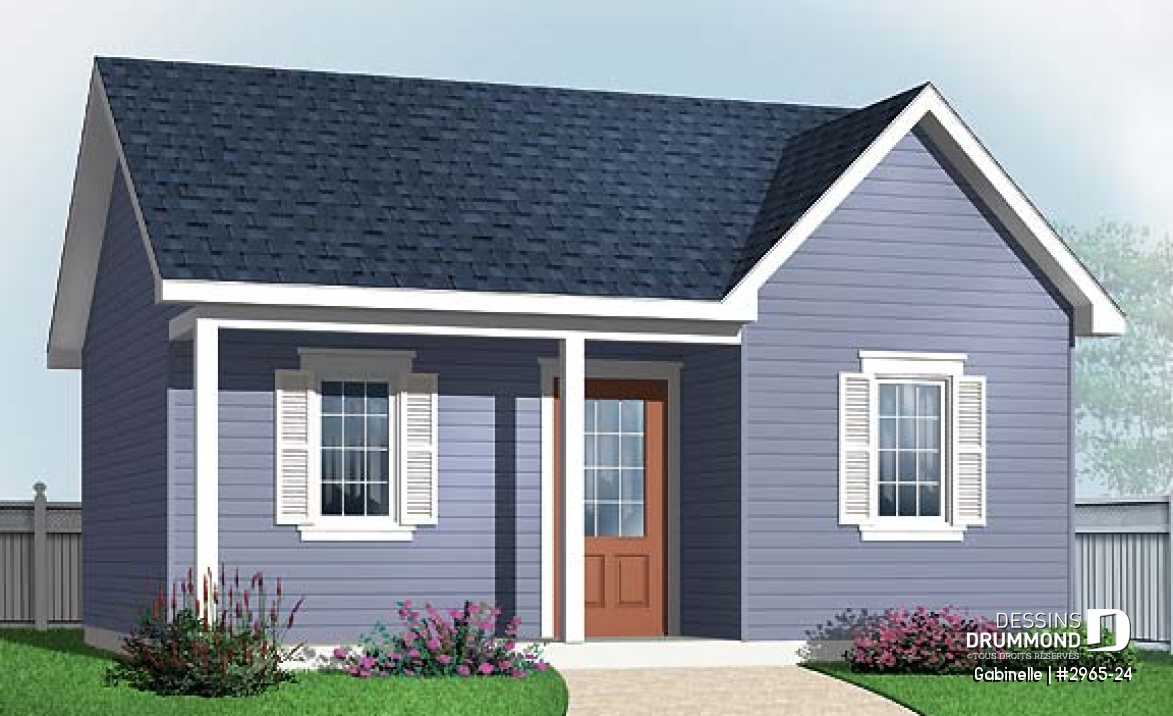 Vue avant - MODÈLE DE BASE - Plan de construction pour grande remise de 423 pi2 avec galerie couverte - Gabinelle