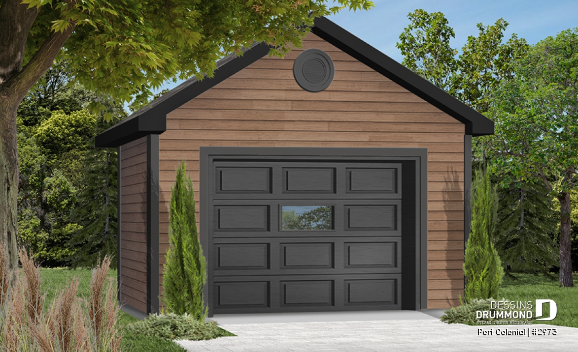 Version couleur no. 2 - Vue avant - Plan de garage simple détaché de style Américain, pouvant s'harmoniser avec plusieurs styles de maison - Port Colonial