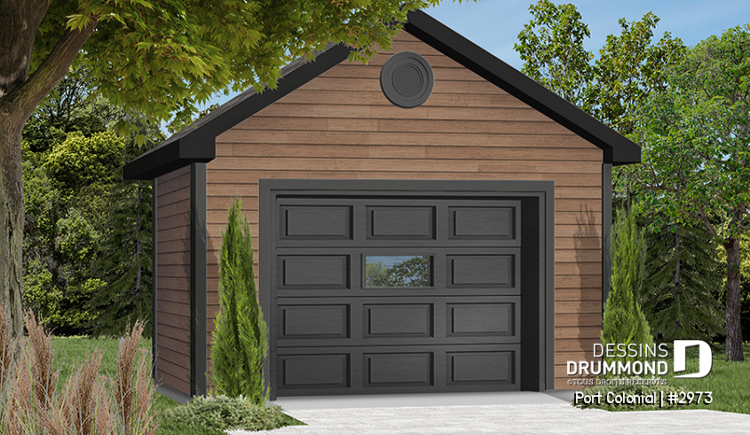 Version couleur no. 2 - Vue avant - Plan de garage simple détaché de style Américain, pouvant s'harmoniser avec plusieurs styles de maison - Port Colonial