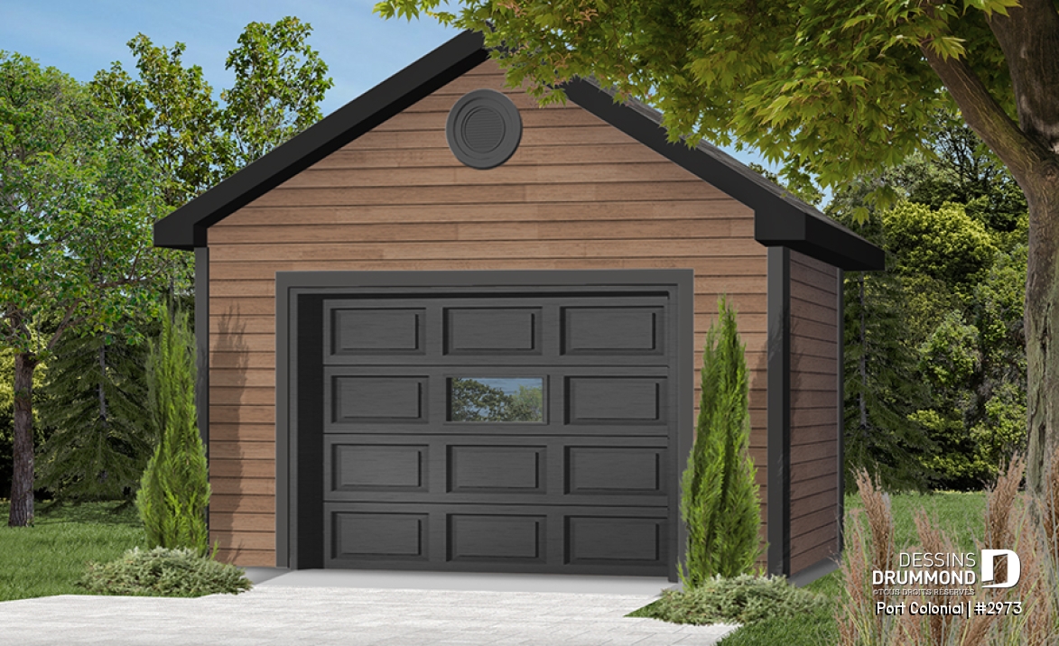 Version couleur no. 2 - Vue avant - Plan de garage simple détaché de style Américain, pouvant s'harmoniser avec plusieurs styles de maison - Port Colonial