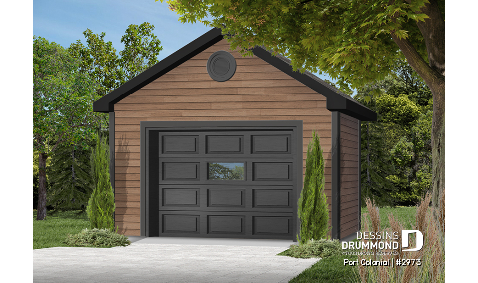 Version couleur no. 2 - Vue avant - Plan de garage simple détaché de style Américain, pouvant s'harmoniser avec plusieurs styles de maison - Port Colonial