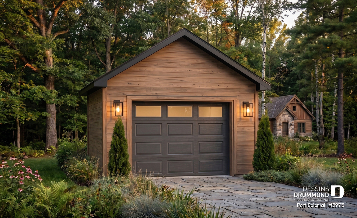 Vue avant - MODÈLE DE BASE - Plan de garage simple détaché de style Américain, pouvant s'harmoniser avec plusieurs styles de maison - Port Colonial