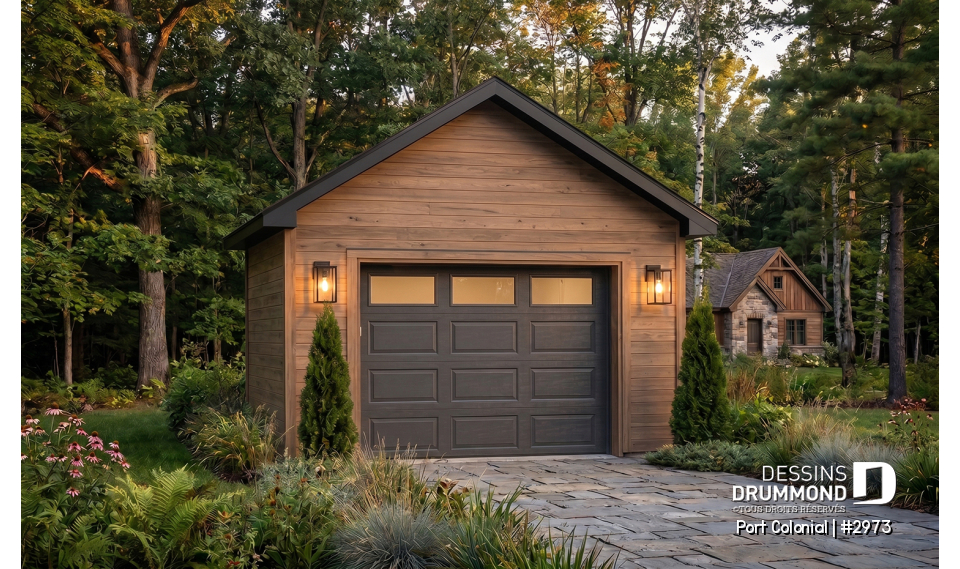 Vue avant - MODÈLE DE BASE - Plan de garage simple détaché de style Américain, pouvant s'harmoniser avec plusieurs styles de maison - Port Colonial
