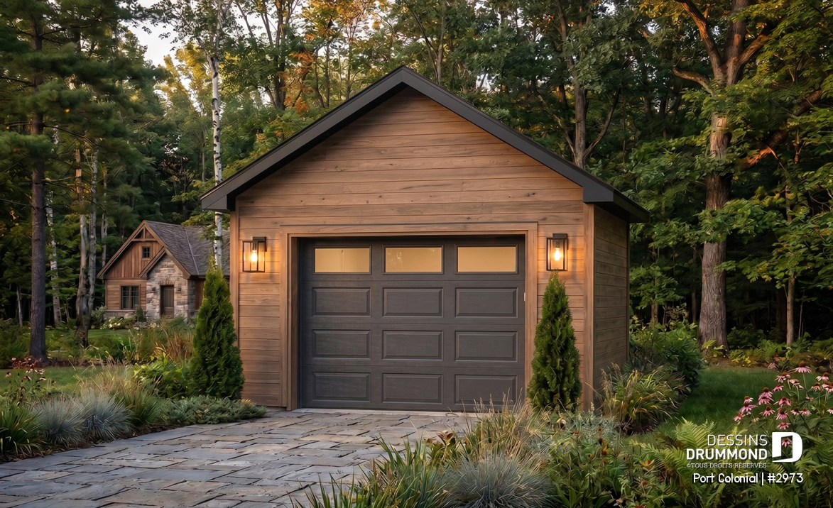 Vue avant - MODÈLE DE BASE - Plan de garage simple détaché de style Américain, pouvant s'harmoniser avec plusieurs styles de maison - Port Colonial