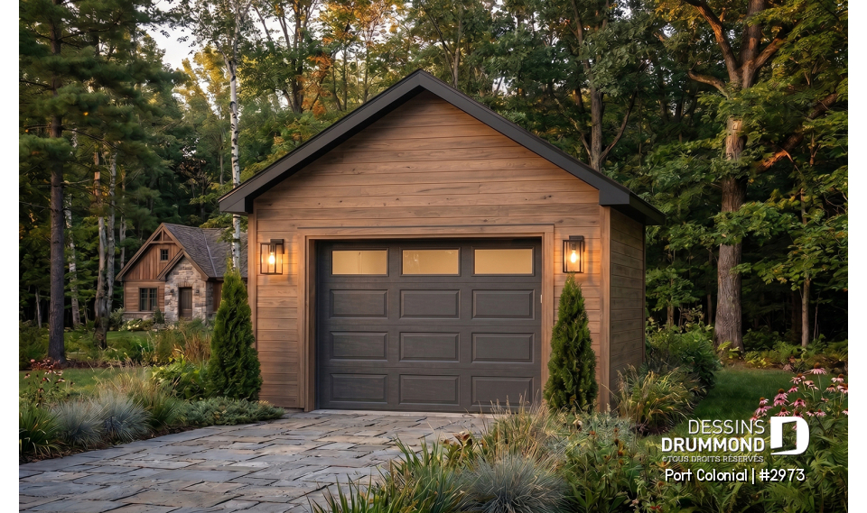 Vue avant - MODÈLE DE BASE - Plan de garage simple détaché de style Américain, pouvant s'harmoniser avec plusieurs styles de maison - Port Colonial