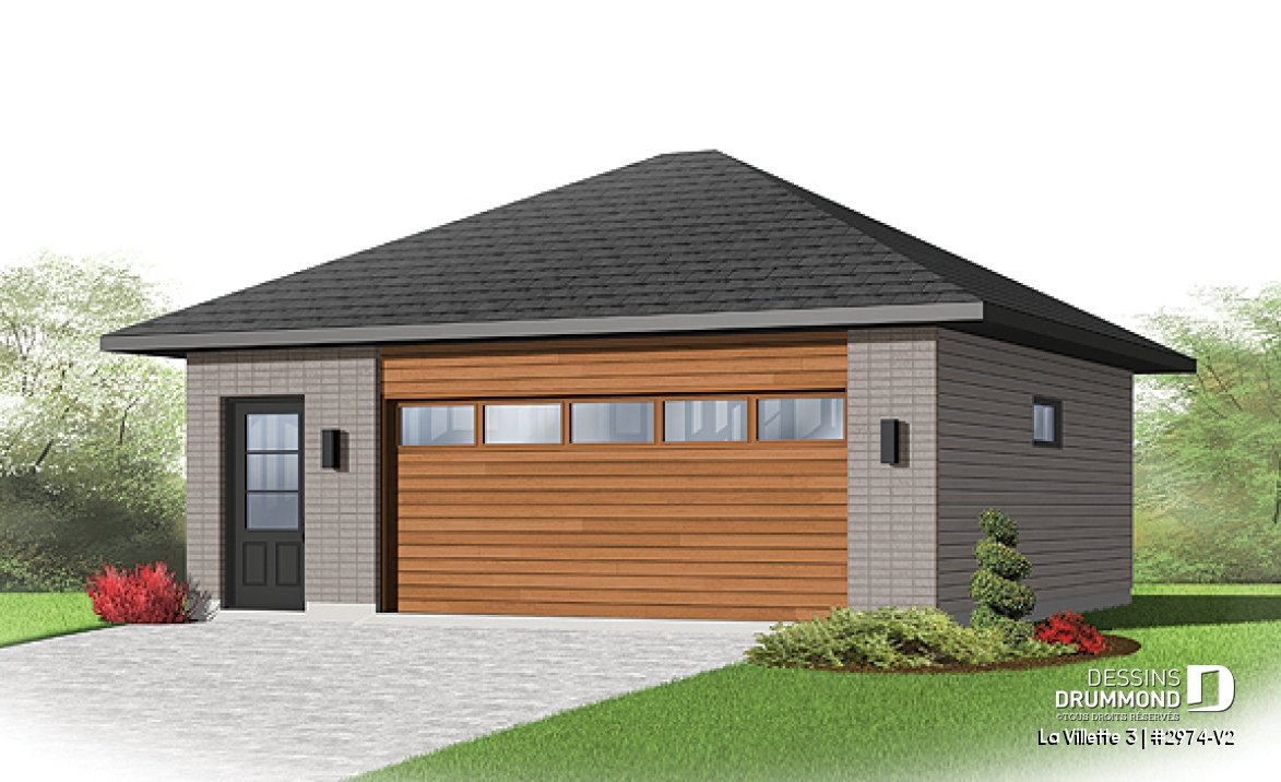 Vue avant - MODÈLE DE BASE - Plan de garage contemporain pour deux voitures avec rangement - La Villette 3