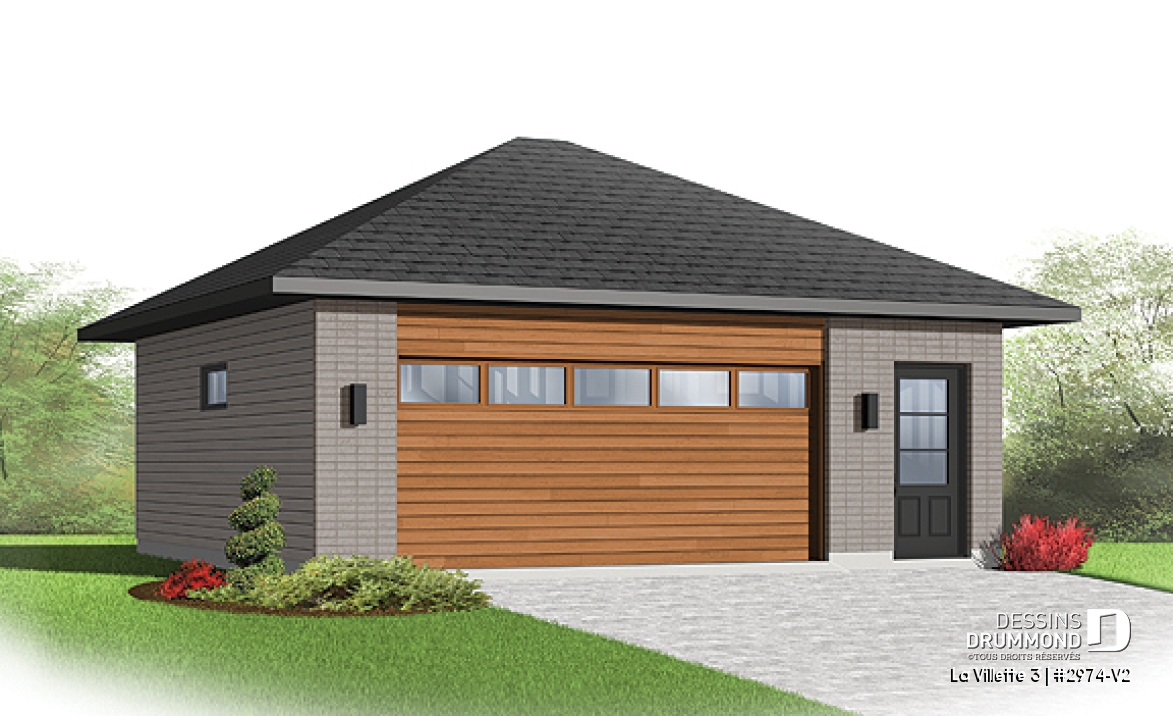 Vue avant - MODÈLE DE BASE - Plan de garage contemporain pour deux voitures avec rangement - La Villette 3