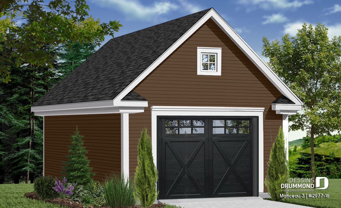Vue avant - MODÈLE DE BASE - Plan de garage simple, une voiture, style champêtre avec rangement boni et plafond en pente à l'étage. - Monceau 3