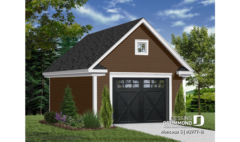 Vue avant - MODÈLE DE BASE - Plan de garage simple, une voiture, style champêtre avec rangement boni et plafond en pente à l'étage. - Monceau 3