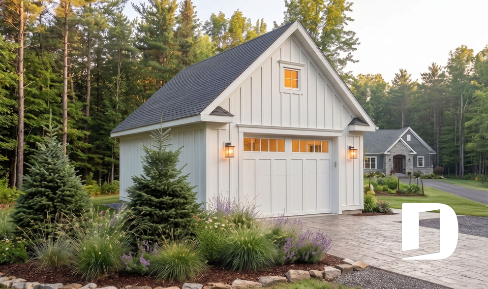 Vue avant - MODÈLE DE BASE - Plan de garage simple, une voiture, style champêtre avec rangement boni et plafond en pente à l'étage. - Monceau 3
