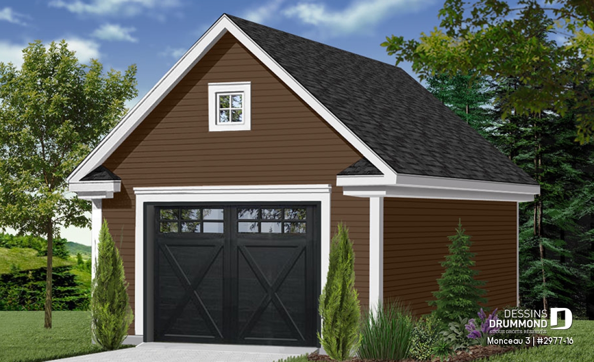 Vue avant - MODÈLE DE BASE - Plan de garage simple, une voiture, style champêtre avec rangement boni et plafond en pente à l'étage. - Monceau 3