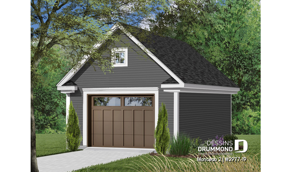 Vue avant - MODÈLE DE BASE - Plan de garage simple, de bon format, avec rangement boni à l'étage. PDF et copie papier disponibles. - Monceau 2