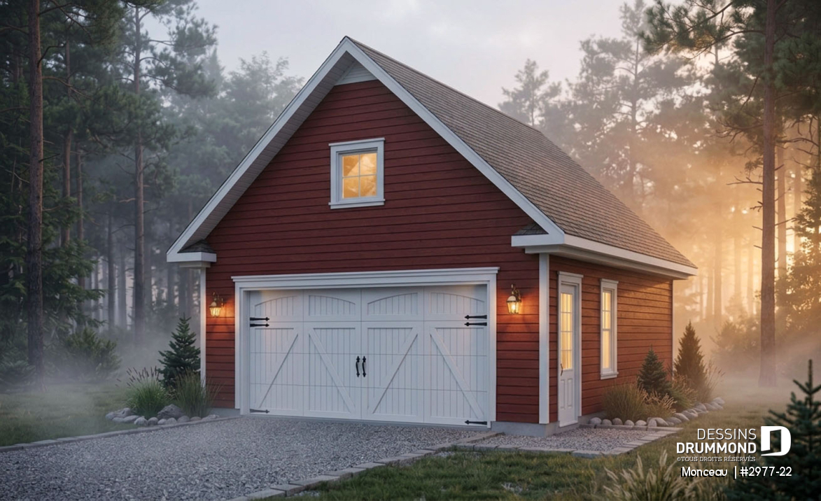 Vue avant - MODÈLE DE BASE - Plan de garage double, pour deux voiture, avec porte et fenêtre latérales. Espace rangement au grenier. - Monceau 