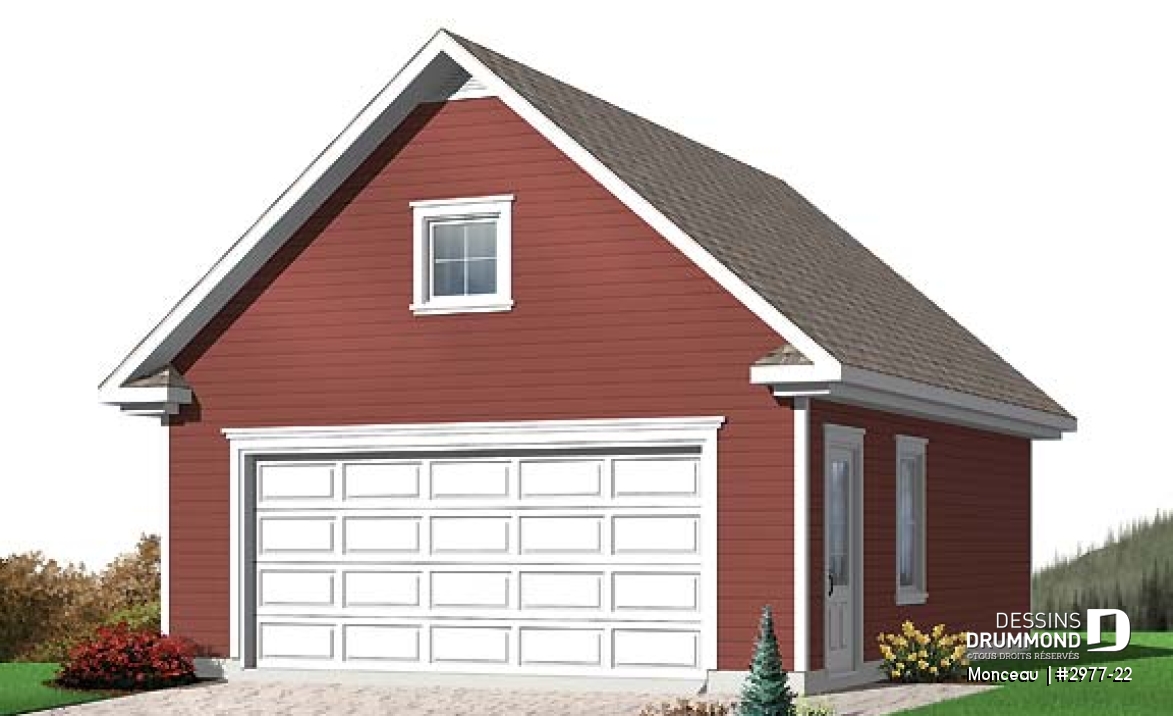 Vue avant - MODÈLE DE BASE - Plan de garage double, pour deux voiture, avec porte et fenêtre latérales. Espace rangement au grenier. - Monceau 