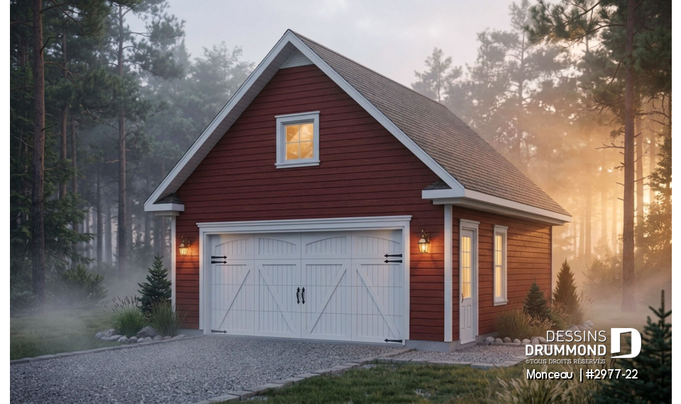 Vue avant - MODÈLE DE BASE - Plan de garage double, pour deux voiture, avec porte et fenêtre latérales. Espace rangement au grenier. - Monceau 