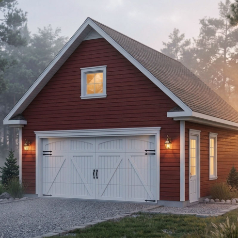 Vue avant - MODÈLE DE BASE - Plan de garage double, pour deux voiture, avec porte et fenêtre latérales. Espace rangement au grenier. - Monceau 