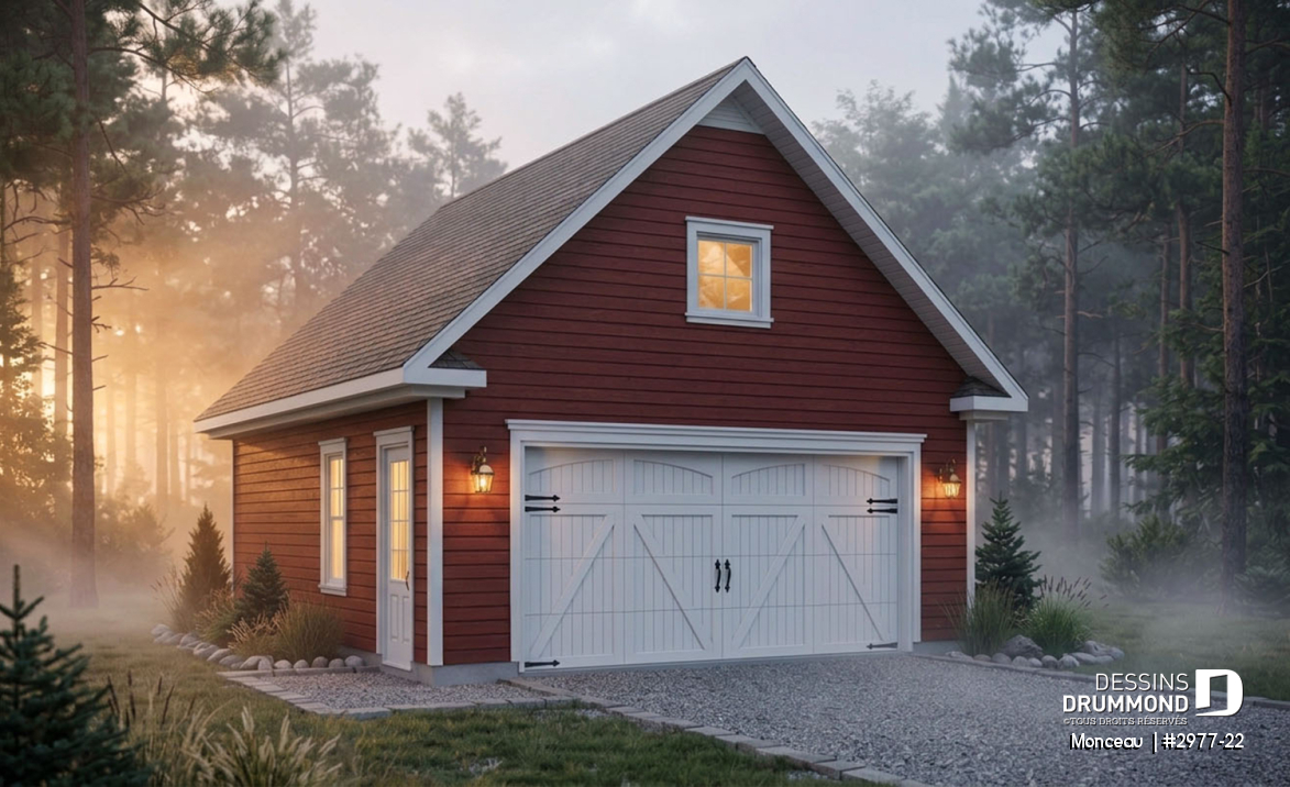 Vue avant - MODÈLE DE BASE - Plan de garage double, pour deux voiture, avec porte et fenêtre latérales. Espace rangement au grenier. - Monceau 