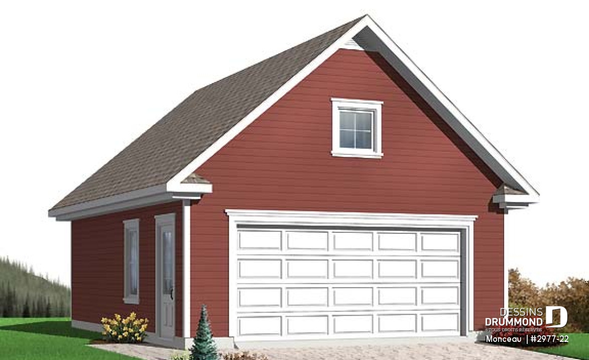 Vue avant - MODÈLE DE BASE - Plan de garage double, pour deux voiture, avec porte et fenêtre latérales. Espace rangement au grenier. - Monceau 