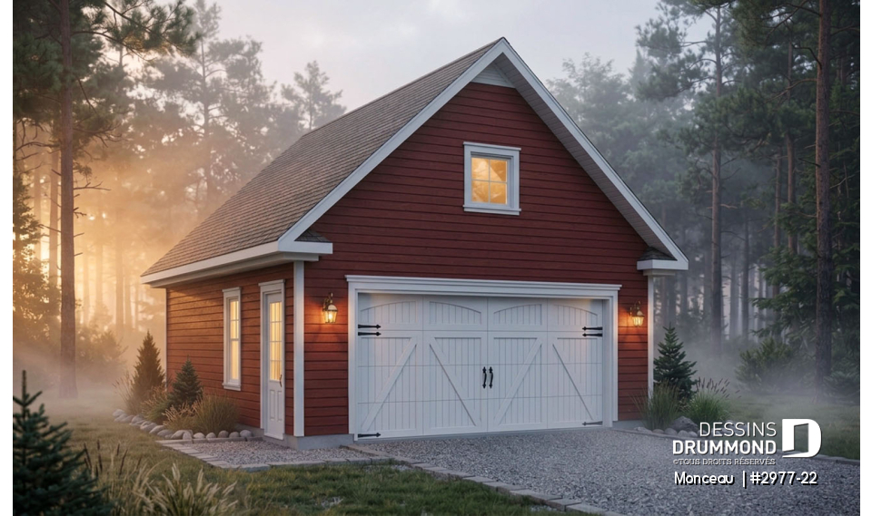 Vue avant - MODÈLE DE BASE - Plan de garage double, pour deux voiture, avec porte et fenêtre latérales. Espace rangement au grenier. - Monceau 