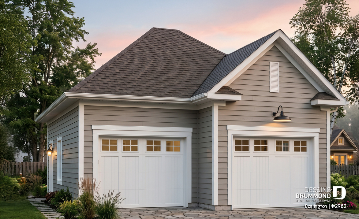 Vue avant - MODÈLE DE BASE - Modèle de plan de garage double détaché, de style champêtre, avec plafond à plus de 10' - Carlington