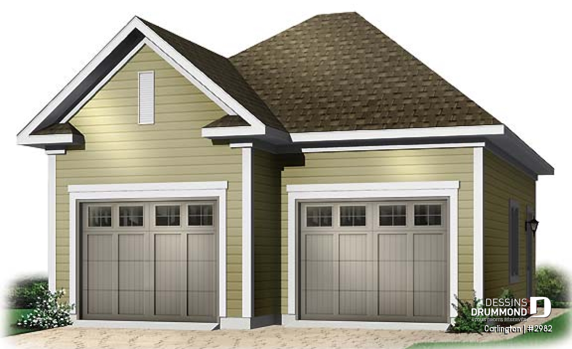 Vue avant - MODÈLE DE BASE - Modèle de plan de garage double détaché, de style champêtre, avec plafond à plus de 10' - Carlington