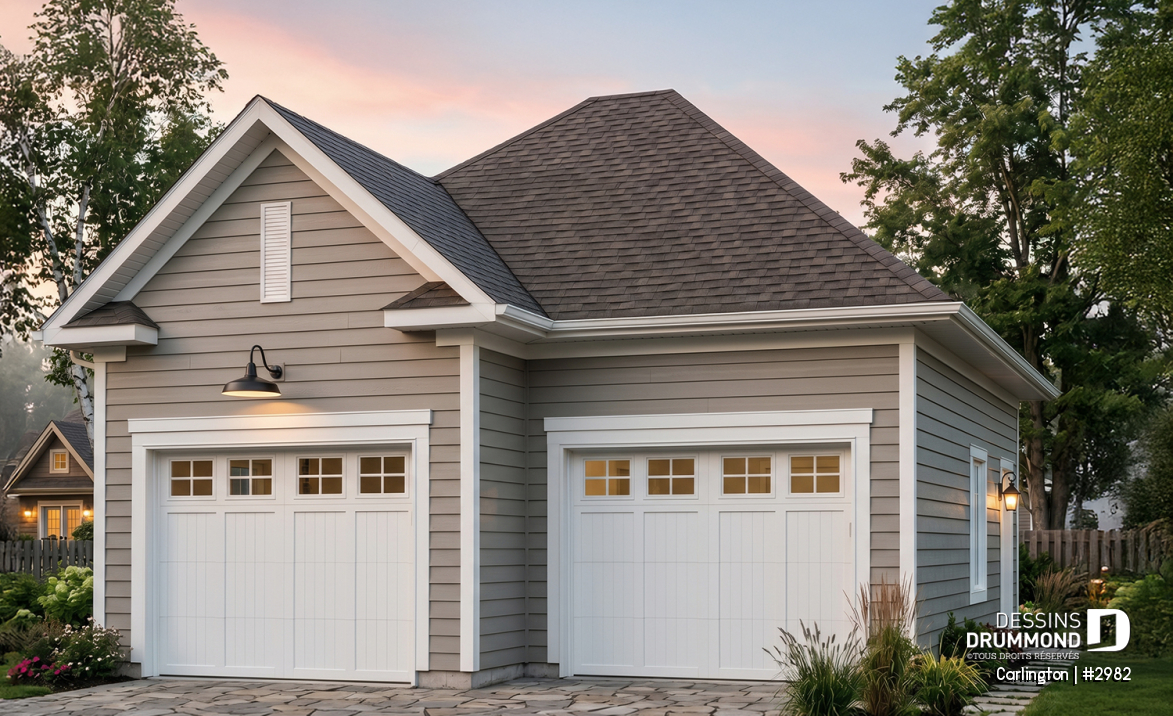 Vue avant - MODÈLE DE BASE - Modèle de plan de garage double détaché, de style champêtre, avec plafond à plus de 10' - Carlington