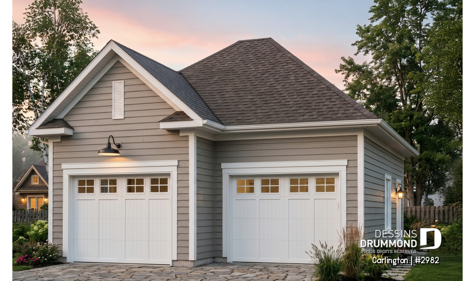 Vue avant - MODÈLE DE BASE - Modèle de plan de garage double détaché, de style champêtre, avec plafond à plus de 10' - Carlington
