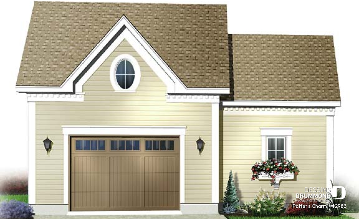 Vue avant - MODÈLE DE BASE - Joli plan de garage simple de style champêtre avec coin jardinage ou atelier - Potter's Charm