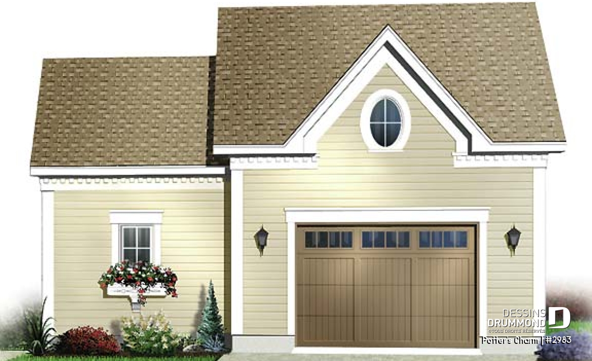Vue avant - MODÈLE DE BASE - Joli plan de garage simple de style champêtre avec coin jardinage ou atelier - Potter's Charm