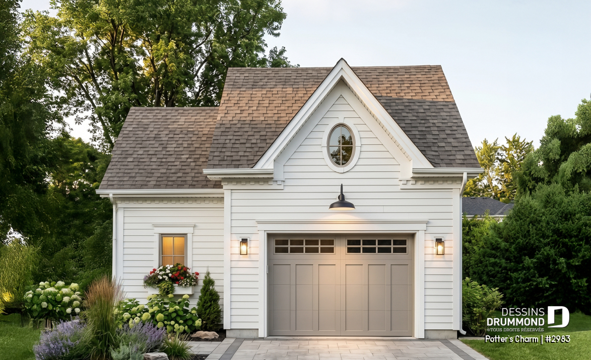 Vue avant - MODÈLE DE BASE - Joli plan de garage simple de style champêtre avec coin jardinage ou atelier - Potter's Charm