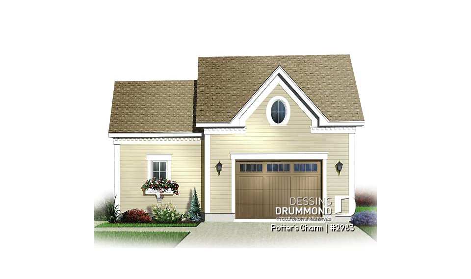 Vue avant - MODÈLE DE BASE - Joli plan de garage simple de style champêtre avec coin jardinage ou atelier - Potter's Charm