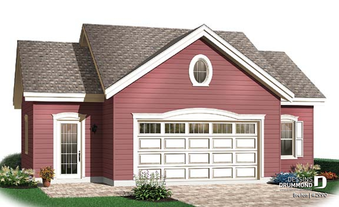 Vue avant - MODÈLE DE BASE - Garage double, style traditionnel, rangement attrayant - Breton