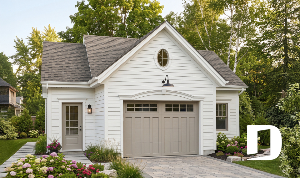 Vue avant - MODÈLE DE BASE - Garage double, style traditionnel, rangement attrayant - Breton