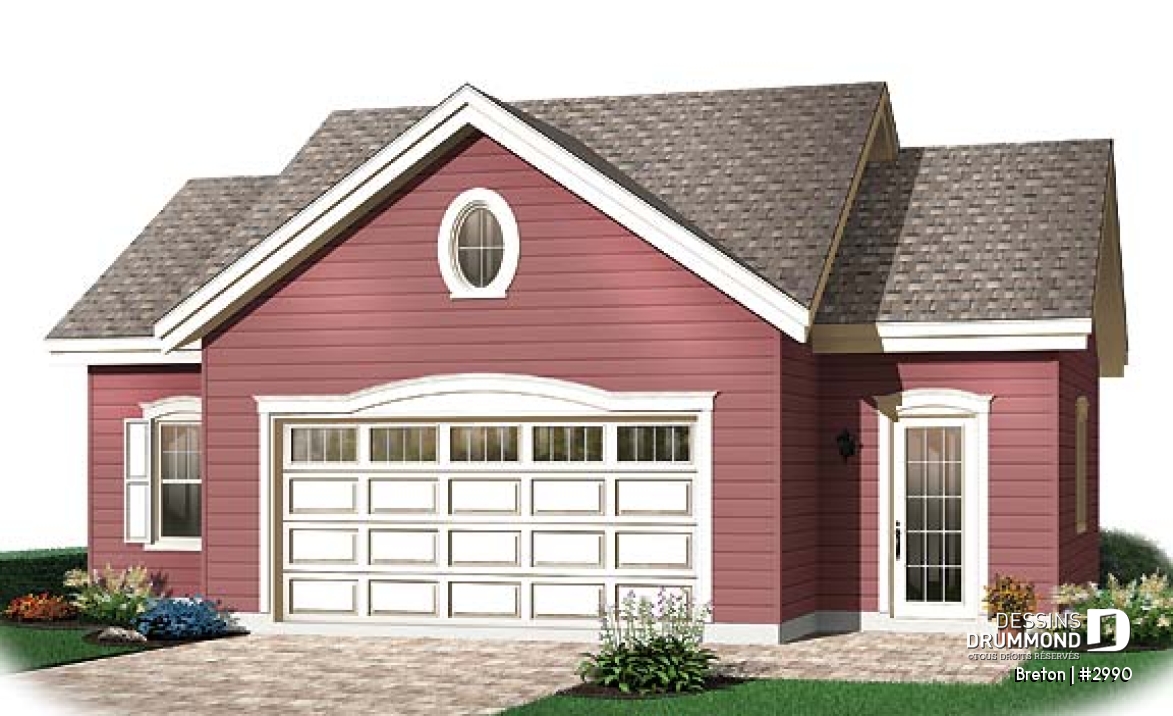 Vue avant - MODÈLE DE BASE - Garage double, style traditionnel, rangement attrayant - Breton